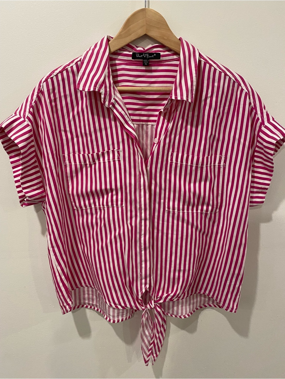 Pink striped tie front short sleeve blouse size medium